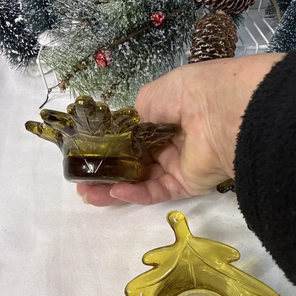 Fall Leaf Glass Votive Candle Holders Gold/Green Set of 3. Vintage